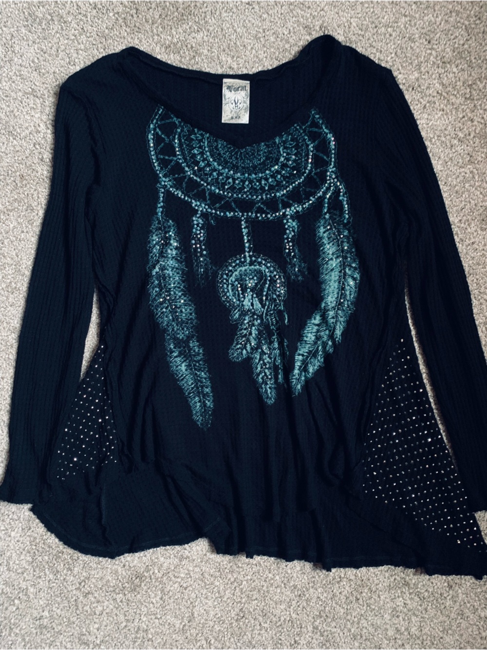 Vocal Dream Catcher Embellished Black Waffle Knit Top